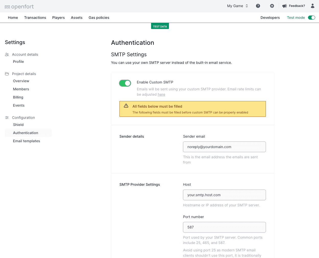 Custom SMTP configuration form showing host, port, and authentication fields