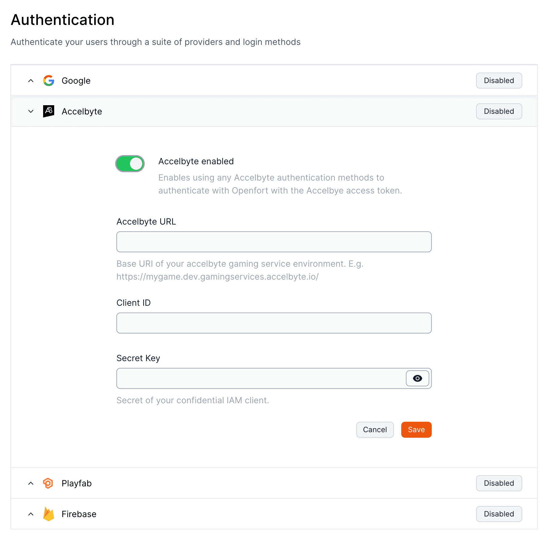 AccelByte provider configuration in Openfort dashboard