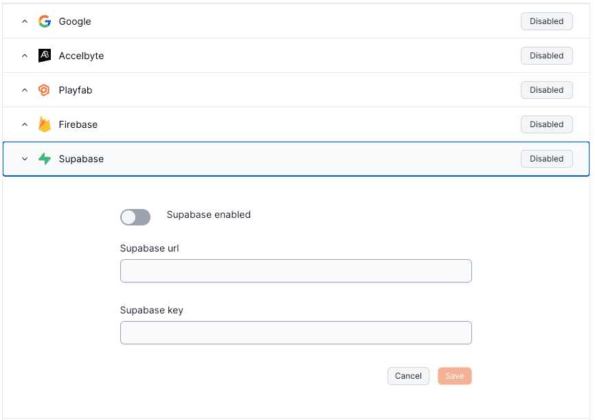 Supabase provider configuration in Openfort dashboard