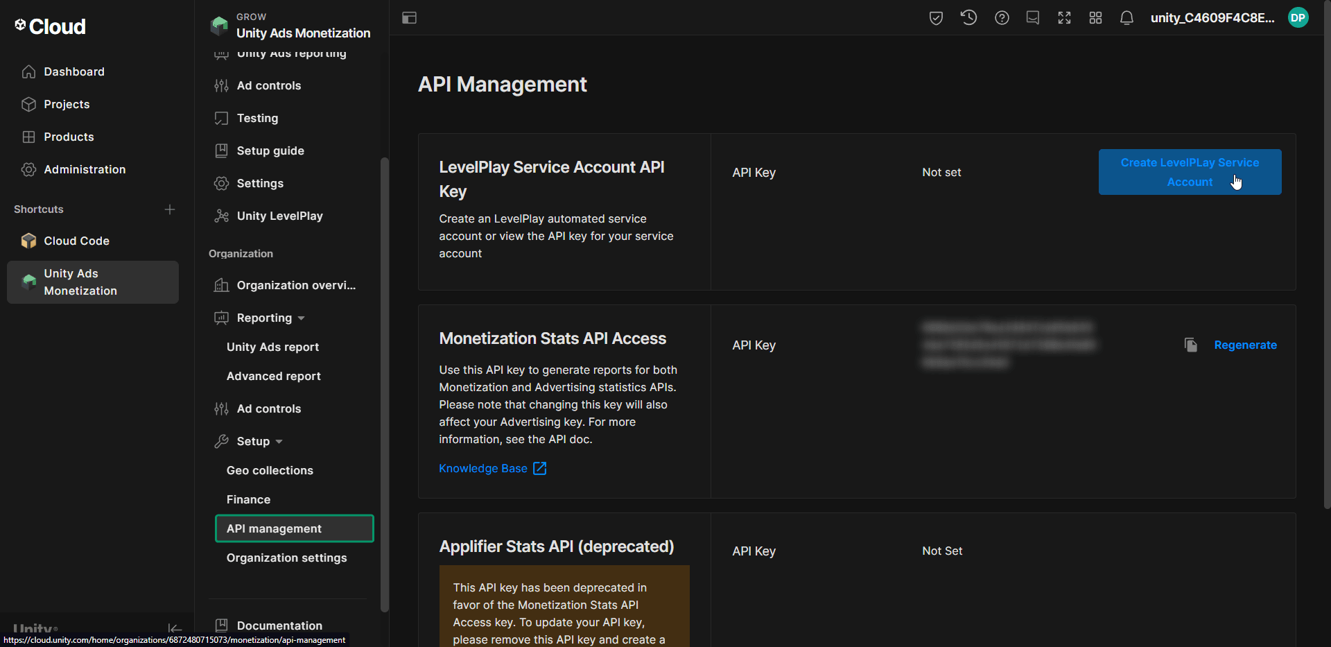 Unity Cloud dashboard: Create LevelPlay Service Account