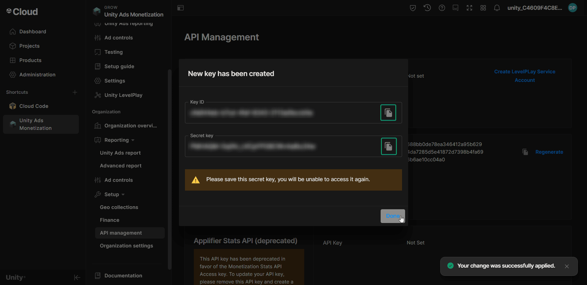 Unity Cloud dashboard: Copy LevelPlay Service Account credentials