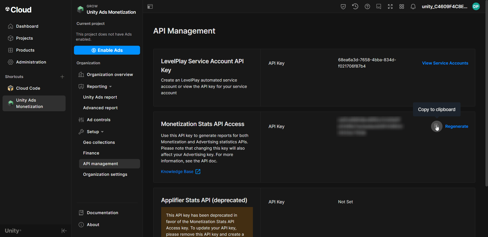 Unity Cloud dashboard: copy Monetization Stats API key