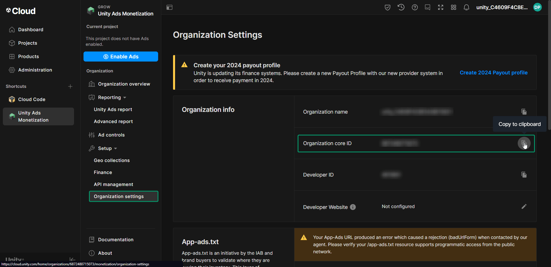 Unity Cloud dashboard: copy Organization Core ID