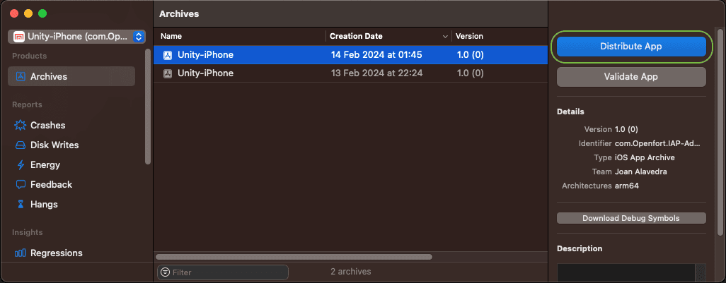 Build to Xcode: Distribute app