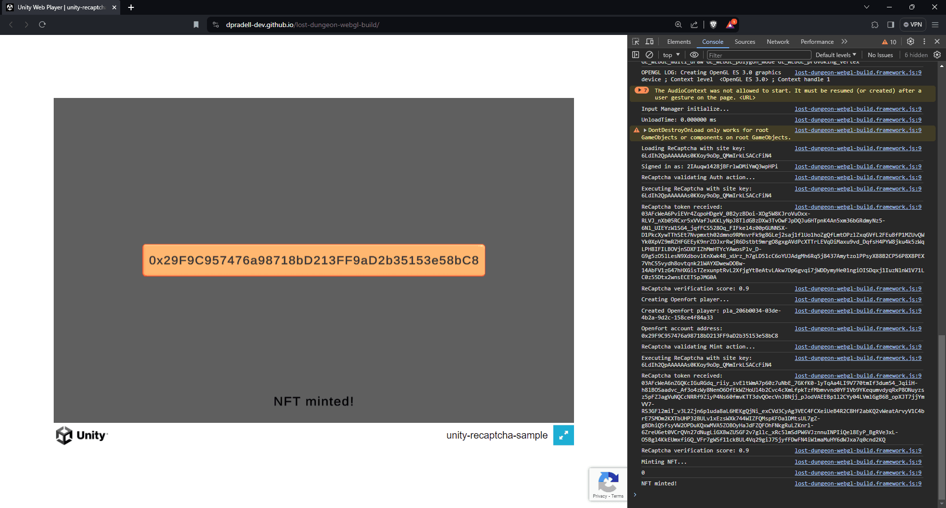 Build to WebGL: Token minted