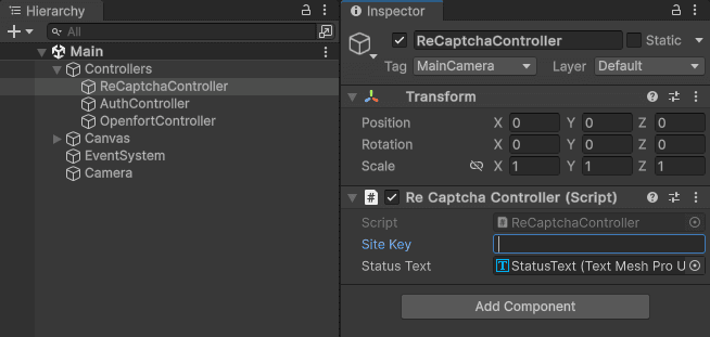 Set up Unity client: Fill in reCAPTCHA site key