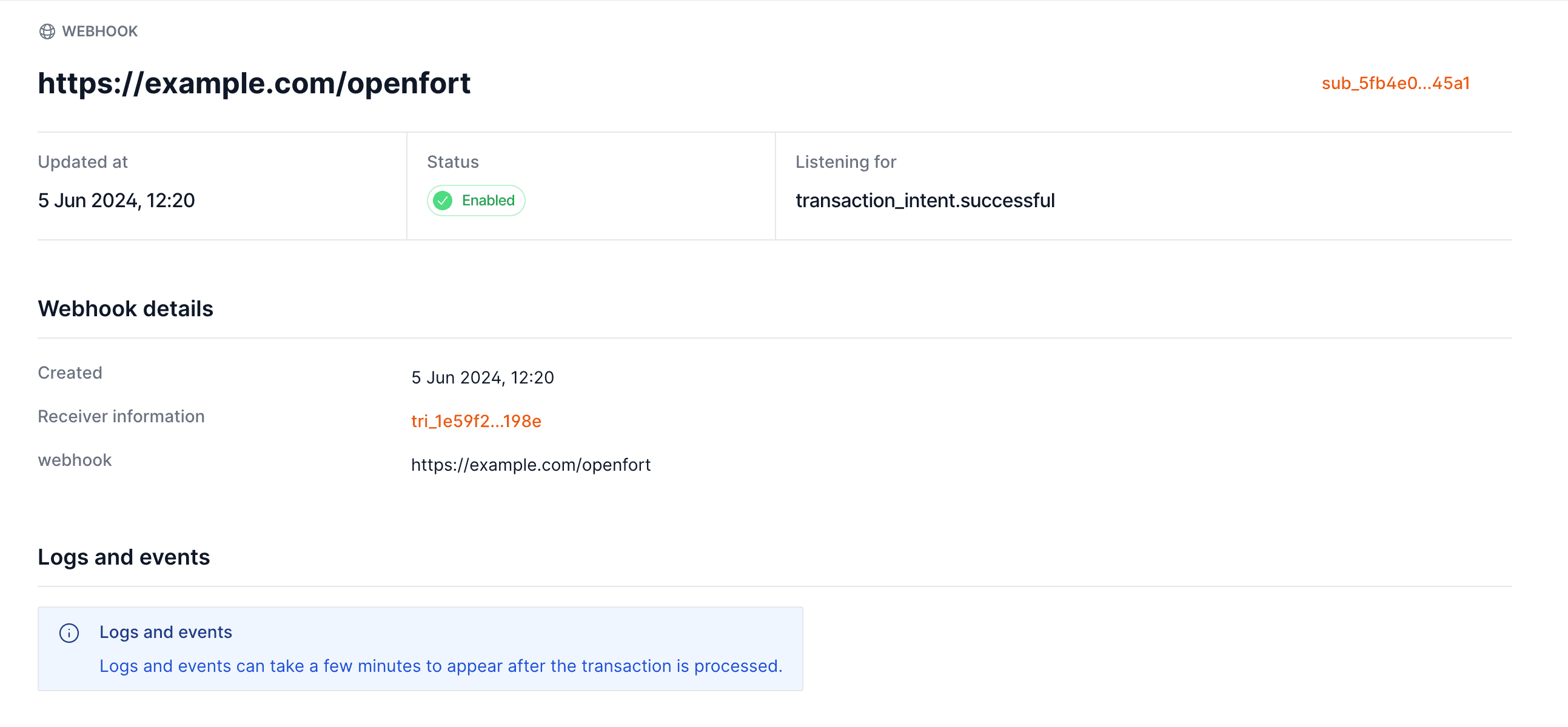 Webhook logs showing delivery status in Openfort dashboard